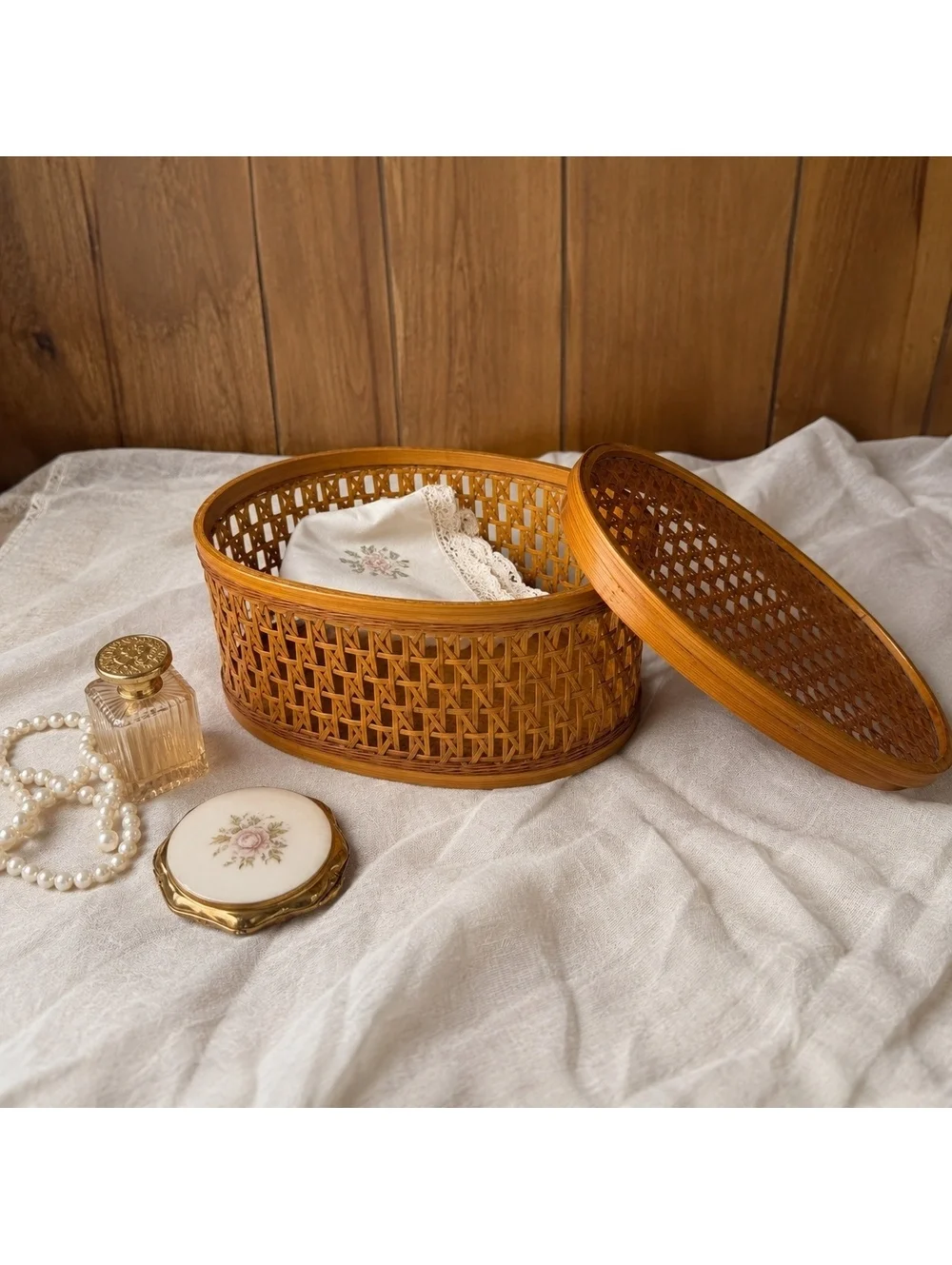 Vintage Shanghai Handicrafts Wicker Basket Lidded Oval Chinese Rattan Box